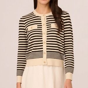 Adrianna Papell Crew Neck Button Front Striped Cardigan Sweater XL Cream Black